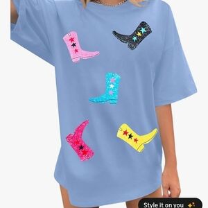 Amazon Women's Short Sleeve Tee - Blue with Colorful Boots